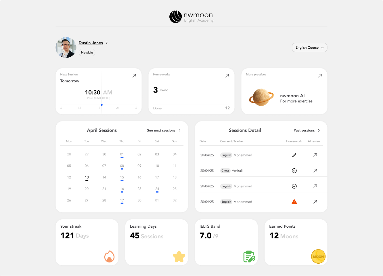 Newmoon, Student dashboard